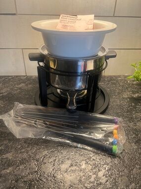 Trudeau  White Ceramic and Stainless Steel Multi Fondue Set with Color-Tip Forks